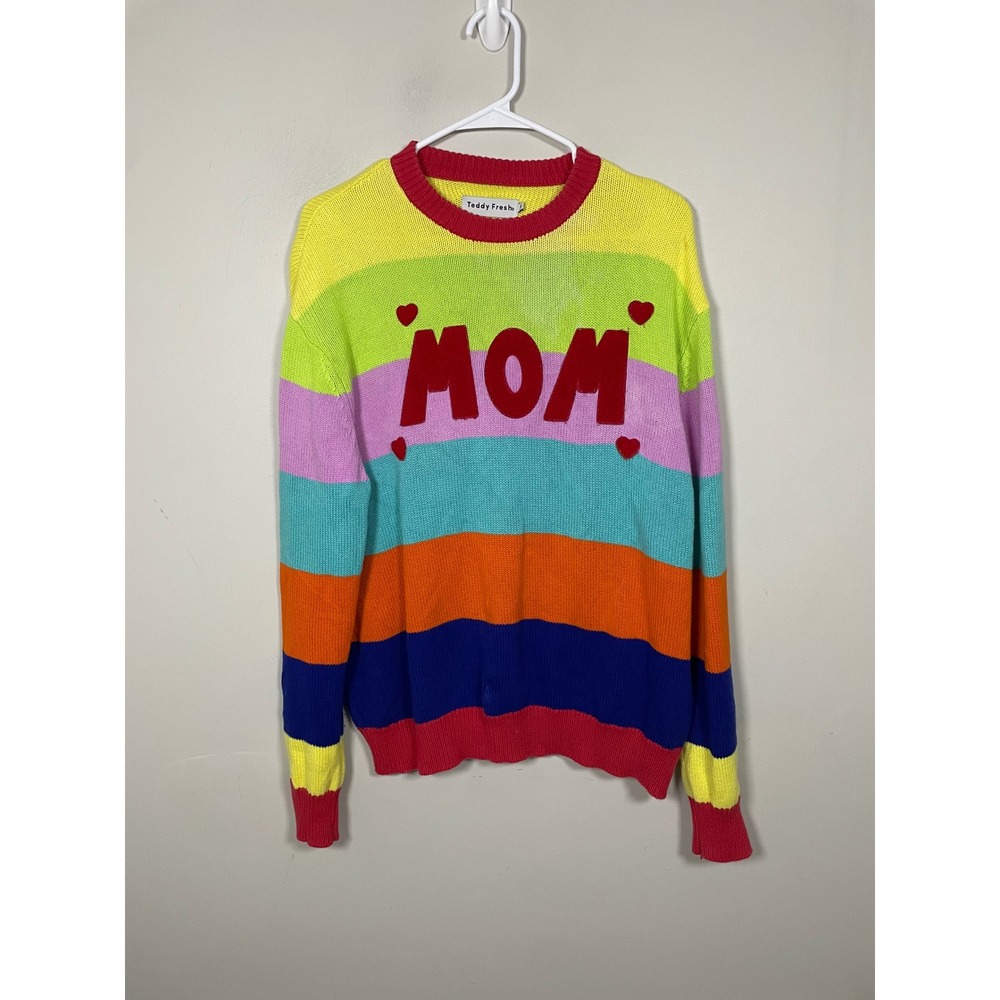 Teddy Fresh Mom Rainbow Stripe Crewneck Sweater Size Small Quirky Novelty